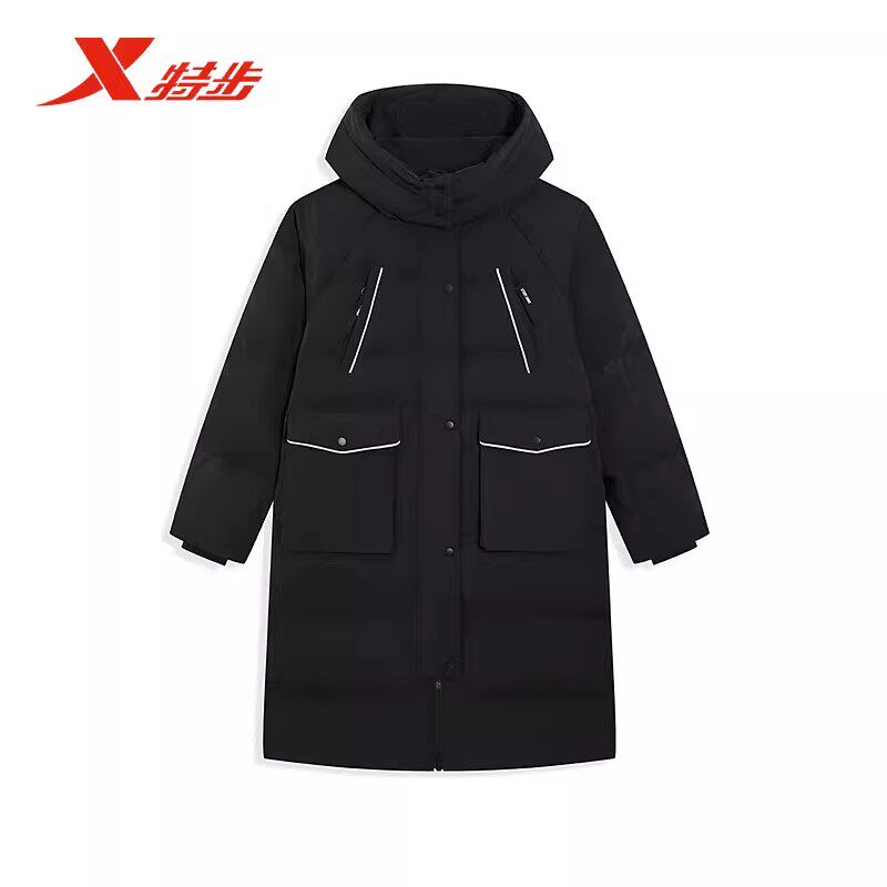 特步中长羽绒服女款2025冬新款黑色保暖防风运动外套975428640240