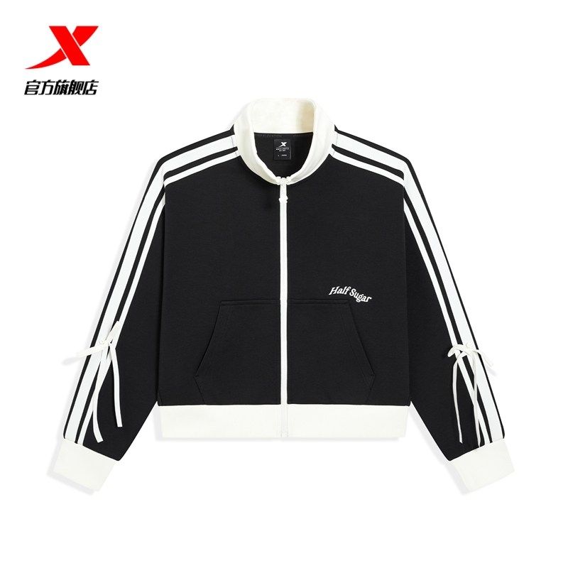 特步外套女款针织运动套装2026春季新款立领夹克上衣974128060165