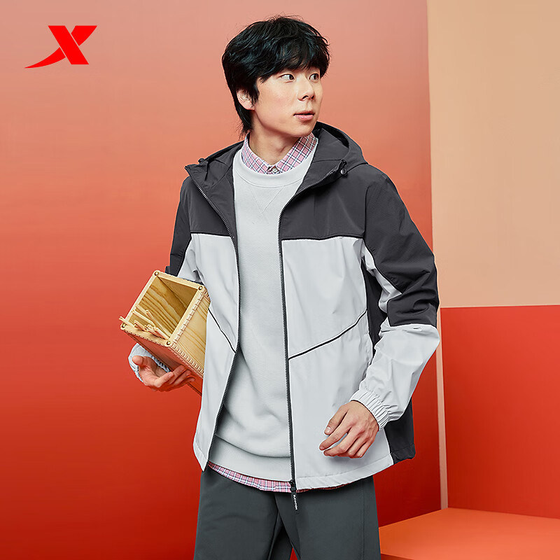 特步加绒外套男款2025春季新款梭织连帽运动休闲保暖薄绒双层风衣