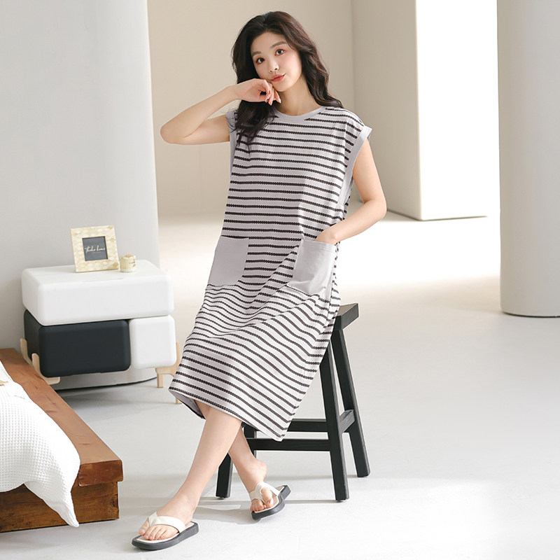 睡裙女舒适圆领无袖中裙纯棉家居服条纹印花夏季睡衣银灰7204
