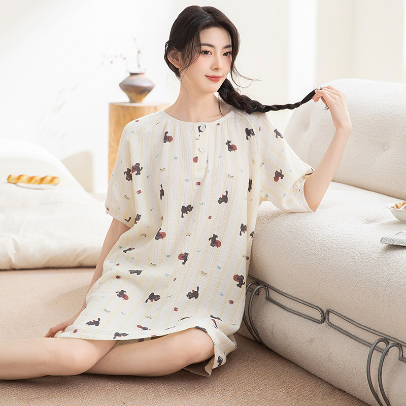 睡衣女纯棉舒适圆领短袖中裙夏季新款韩版宽松家居服套装25033