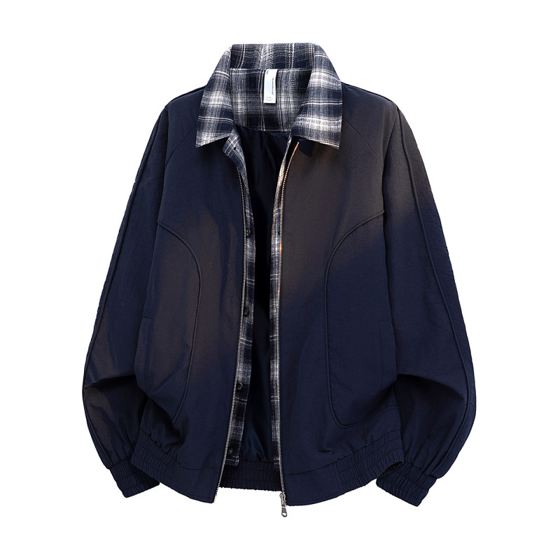假两件格子拼接外套男款春秋夹克