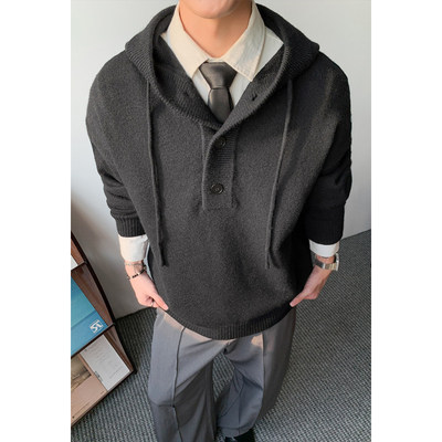 灰色美式复古连帽针织衫男款毛衣