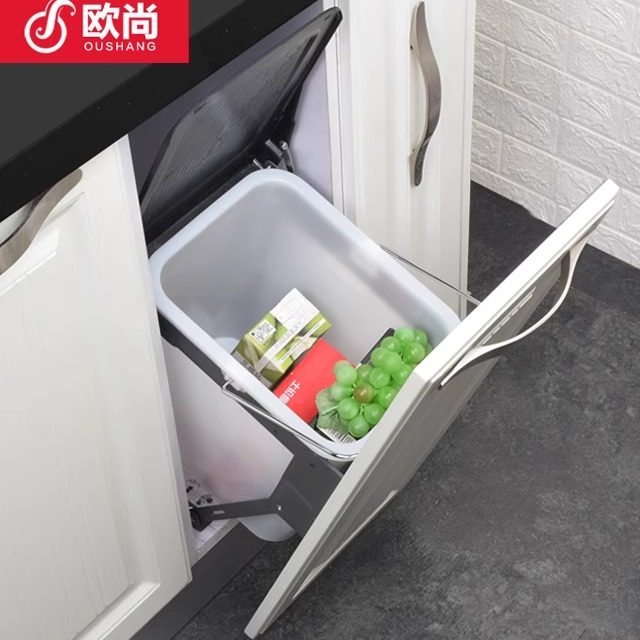 厨房橱柜嵌入式垃圾桶拉篮带盖斜开式连门隐藏内置浅窄柜垃圾收纳