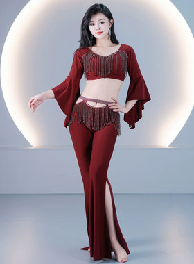 肚皮舞练功服套装女 流苏烫钻喇叭袖上衣开叉喇叭裤东方舞演出服