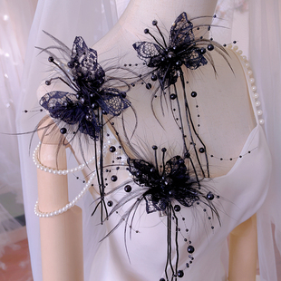 新娘头饰手工黑色蕾丝蝴蝶灵动羽毛发夹森系唯美高级婚纱礼服配饰