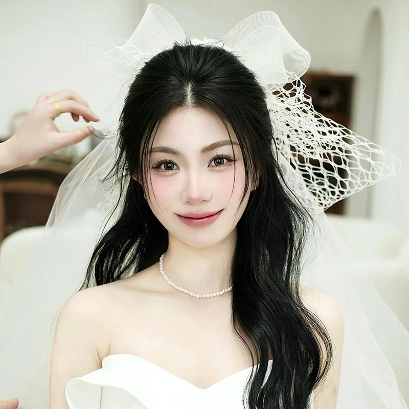 新娘高级减龄超仙蝴蝶结头纱森系仙气领证登记蓬蓬纱婚纱外景配饰