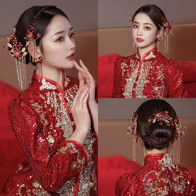 秀禾服头饰中式新款复古红色步摇流苏古典汉服凤冠霞帔龙凤褂配饰