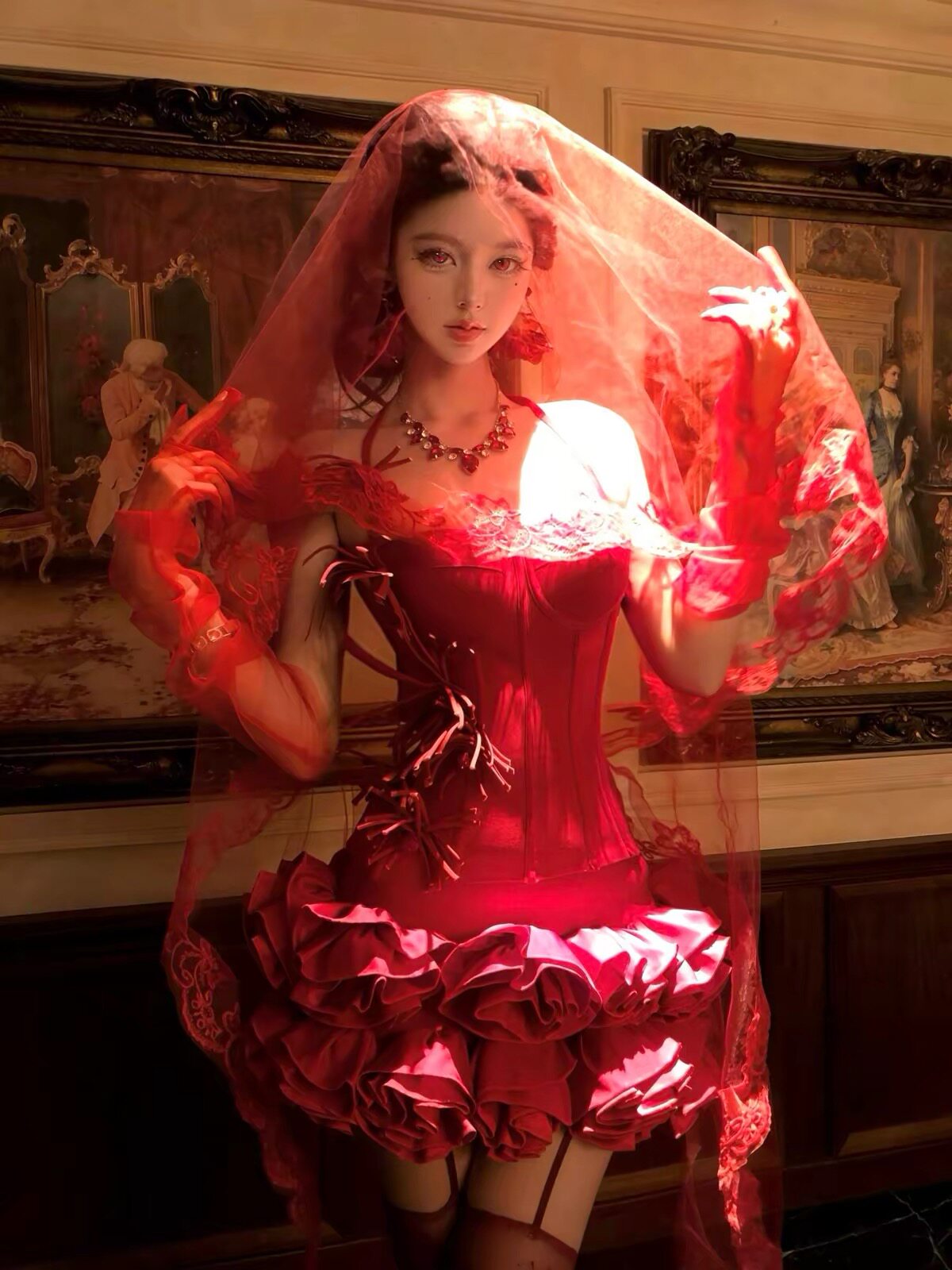 出租红色套装女高级感party生日裙子抹胸鱼骨上衣重工蓬蓬半裙图片