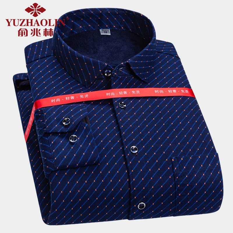 俞兆林秋冬季长袖打底衬衫男保暖衬衣上衣中老年加绒加厚爸爸寸衫