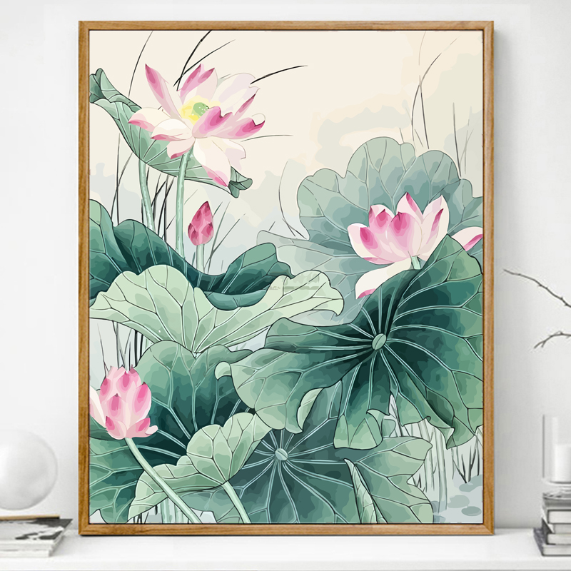 荷花数字油画diy填充画画填色油彩画丙烯手工涂色绘画手绘装饰画图片