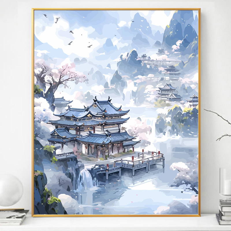 国风古风山河中楼阁画画diy数字油画填充填色丙烯手工手绘油彩画