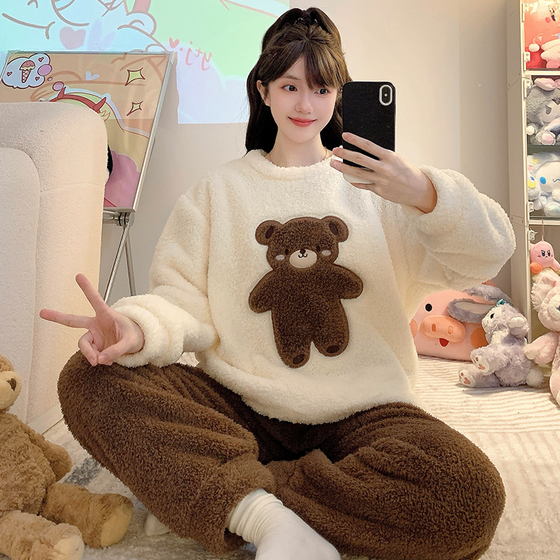 半边绒睡衣女冬季卡通大码套装