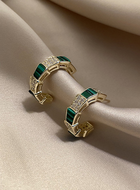 纯银针祖母绿耳钉高级感耳圈韩国气质网红精致耳环女简约冷淡风