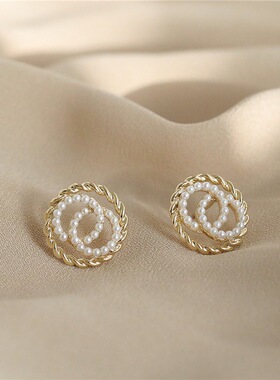 小香风双C简约小珍珠圆圈耳钉女百搭气质高级耳环小众设计感耳饰