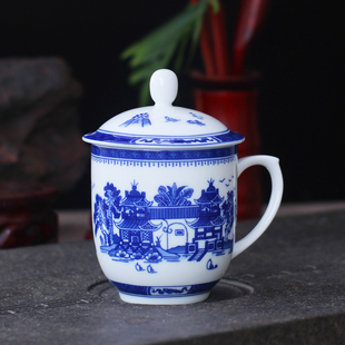 老茶杯会议办公家用杯景德镇红叶水杯定制 带盖陶瓷杯青花梧桐中式
