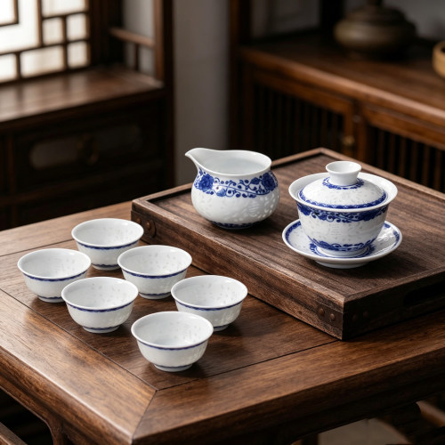 景德镇手绘釉下彩青花玲珑茶具