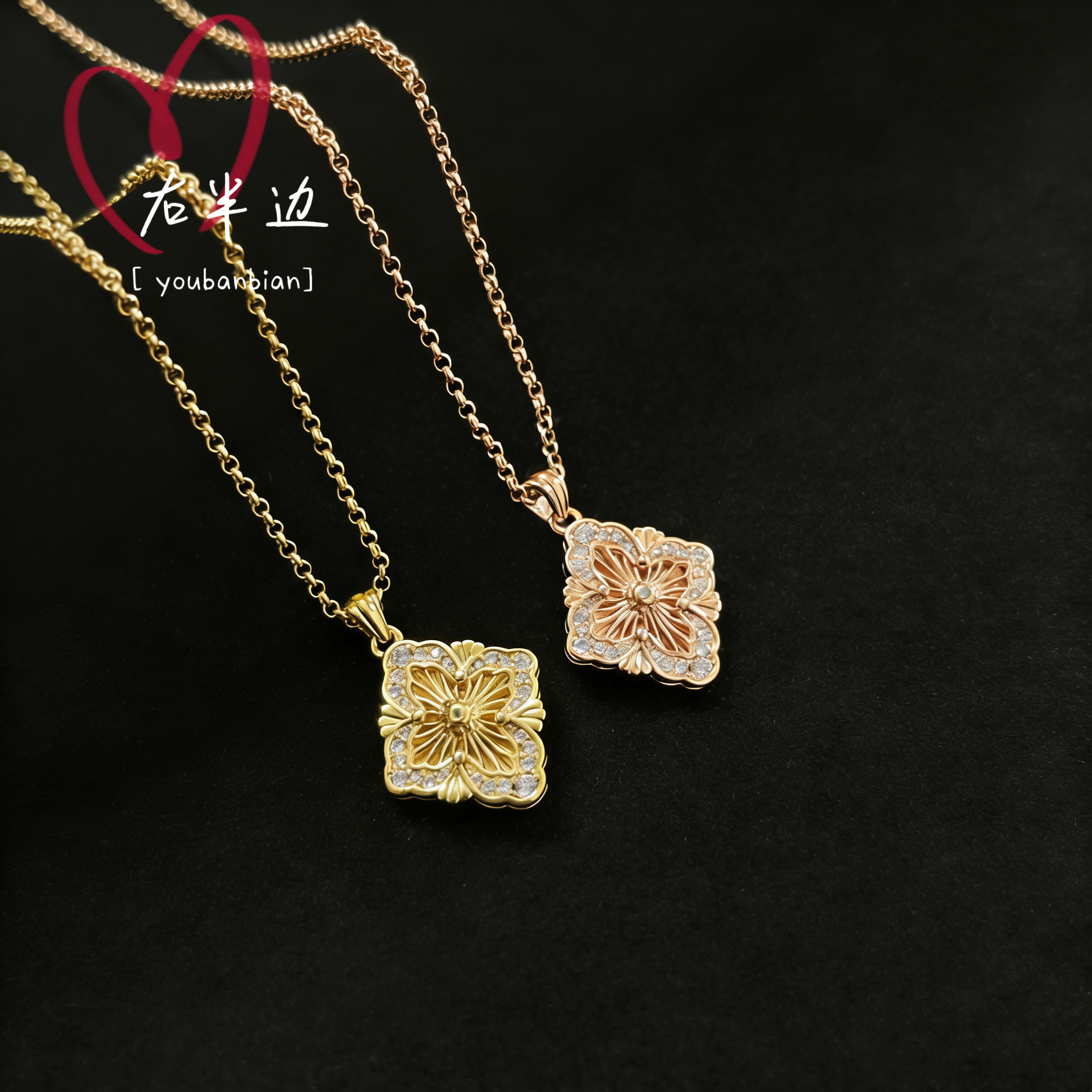 右半边新品布契项链CNC工艺复古镶钻贝母花瓣项链轻奢毛衣链闺蜜