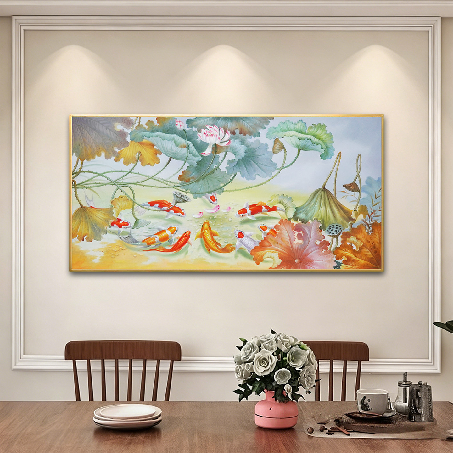荷花九鱼图手绘油画现代简约轻奢客厅装饰餐厅卧室新中式挂画壁画