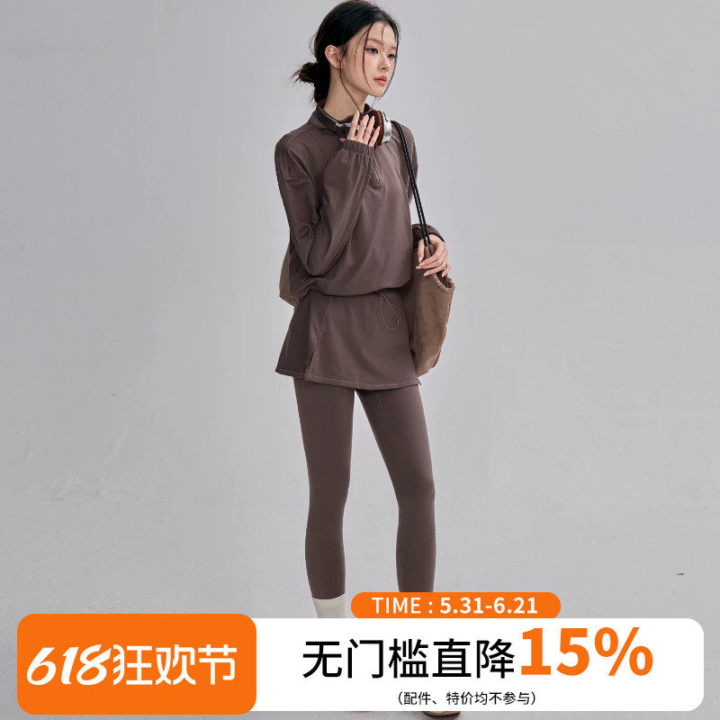 秋冬瑜伽服套装女假两件收腰显瘦运动长裤宽松休闲半拉链健身长袖