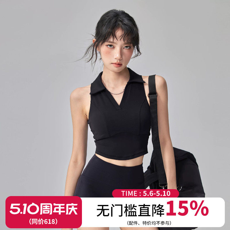 云端贝壳带胸垫运动背心女翻领无袖网球瑜伽服跑步polo健身上衣夏