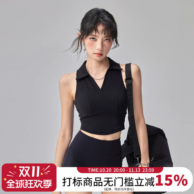 云端贝壳带胸垫运动背心女翻领无袖网球瑜伽服跑步polo健身上衣夏