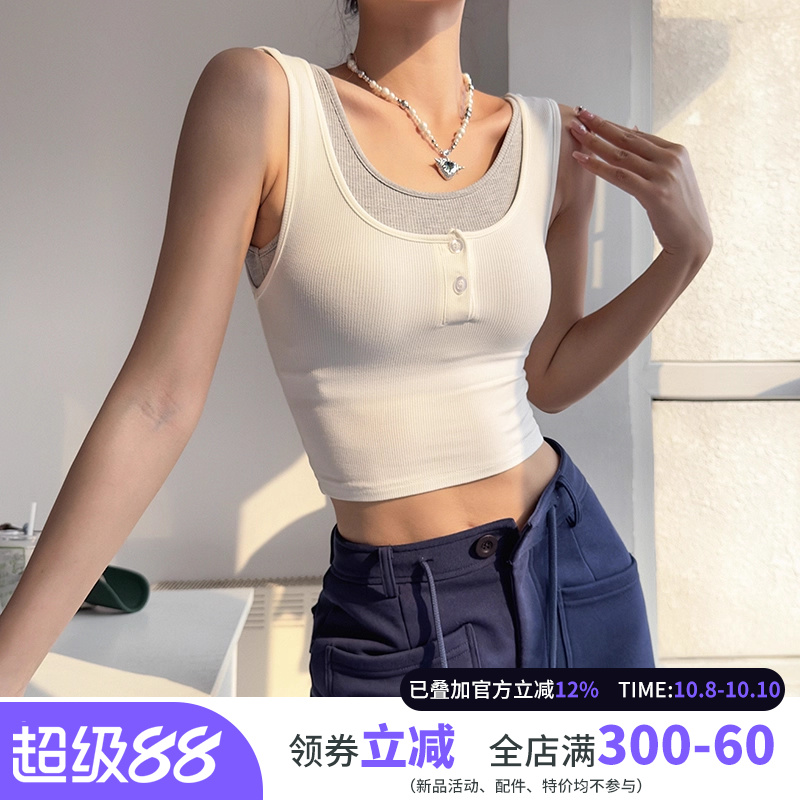 拼色假两件运动背心女含胸垫紧身瑜伽上衣弹力跑步健身服外穿T恤