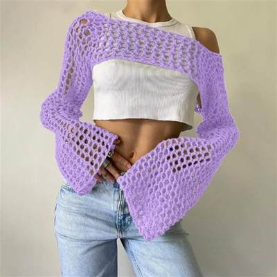 Sexy Hollow Knitted Shirt Solid Color Crewneck Long Sleeve