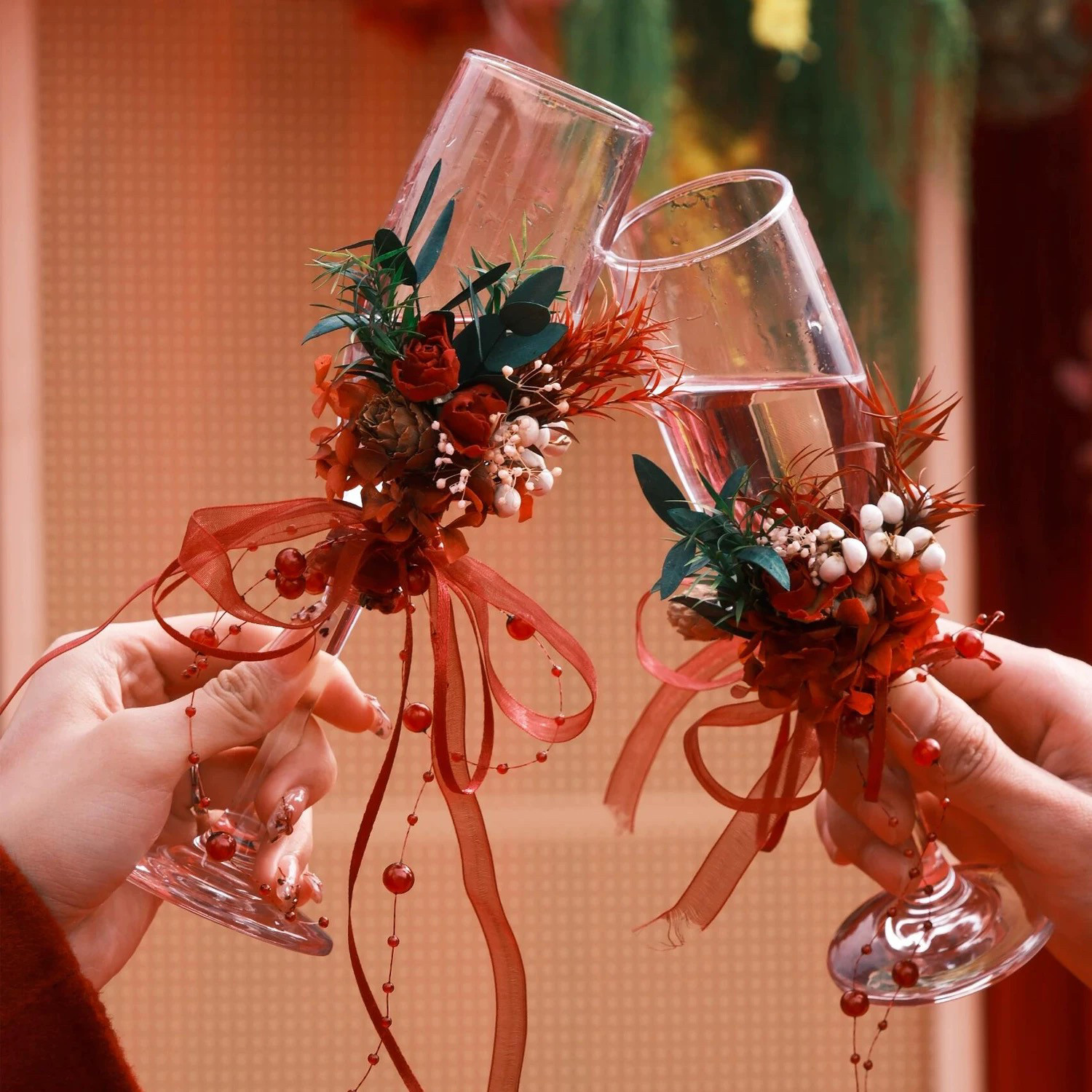 结婚敬酒杯新人婚礼diy玫瑰真花干花喜庆装饰鸡尾酒杯香槟杯创意