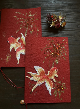 原创新中式刺绣锦鲤高级感红色喜庆誓言本手绘烟花红金系列誓词本