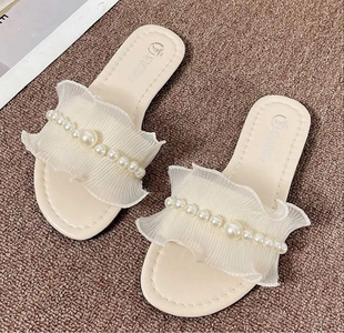 Wedding新娘伴娘团伴手礼晨袍拖鞋拍照一字平底鞋珍珠花边鞋森系