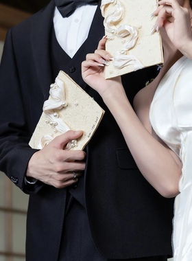 Wedding婚礼保证书誓言书缎面褶皱布幔珍珠复古黄色东巴纸誓词本