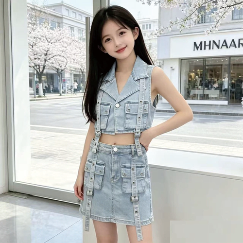 女童牛仔马甲短裙两件套工装风