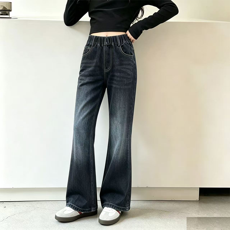女童喇叭牛仔裤2026青少年松紧高腰喇叭裤中大童韩版春款长裤