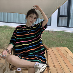 Real shot loose round neck color stripe Short Sleeve T