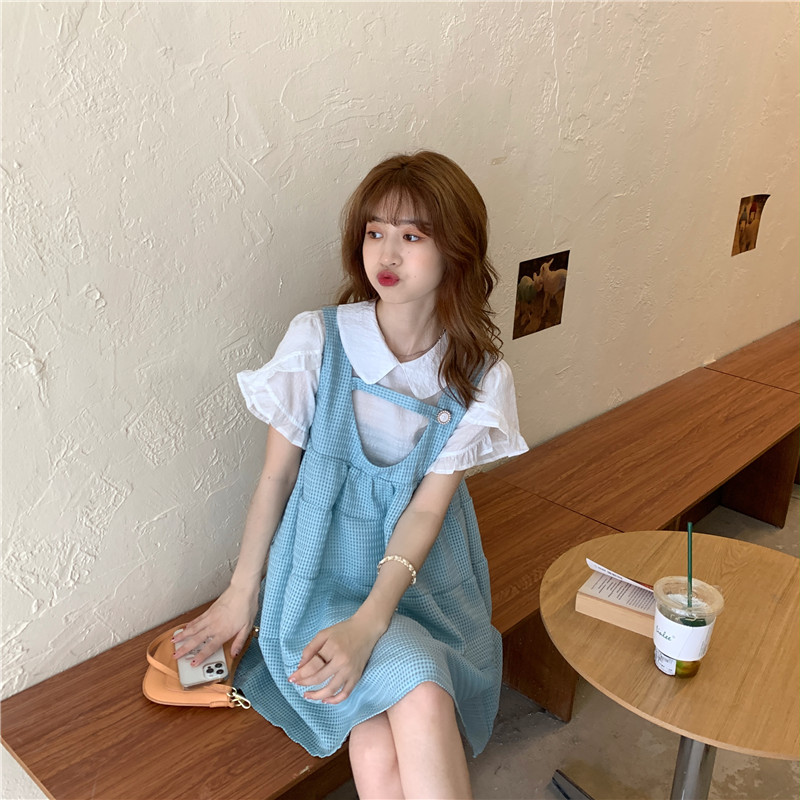 Real shot blue retro little dress sweet wear back with suit cute age reduction