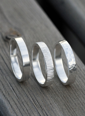 999纯银手工锤纹戒指男 素圈足银情侣对戒女闭口光圈指环尾戒刻字