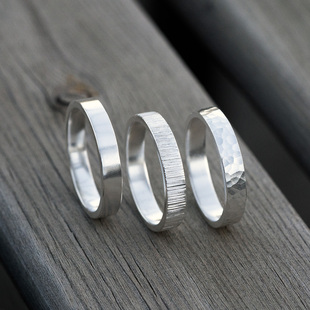 999纯银手工锤纹戒指男 素圈足银情侣对戒女闭口光圈指环尾戒刻字