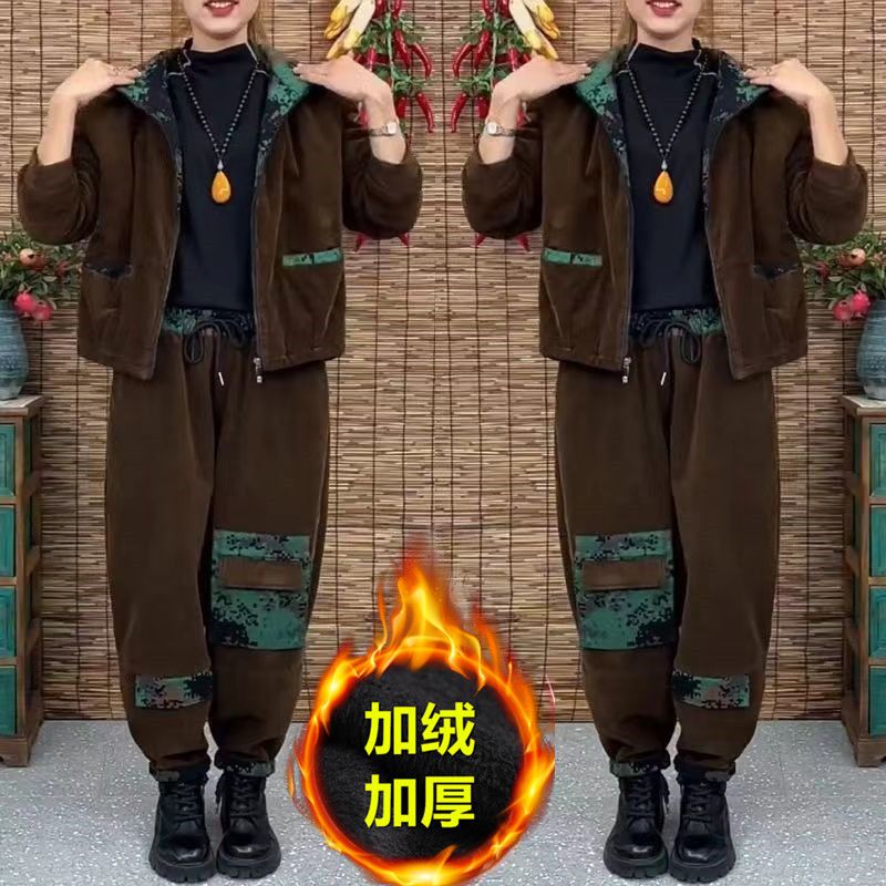 加绒加厚运动服套装女秋冬季新款宽松灯芯绒连帽外套休闲裤两件套