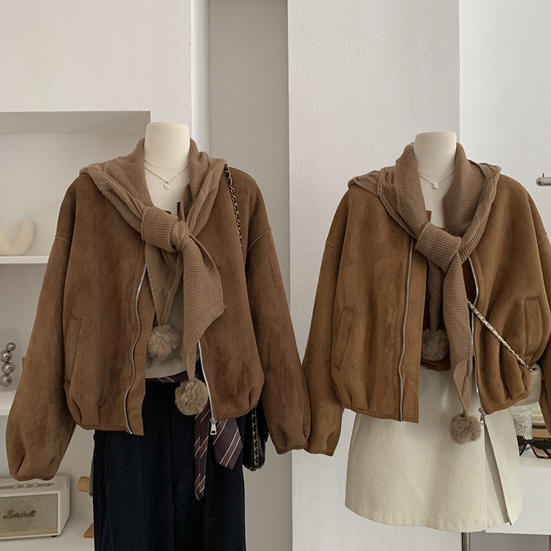 欧玛莱 可脱卸球球连帽围巾圆领麂皮绒皮毛一体长袖加绒外套