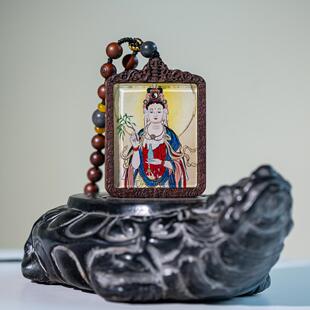 双面纯手绘慈航道人+纯手绘太极八卦图符号枣木唐卡道牌镶银北斗