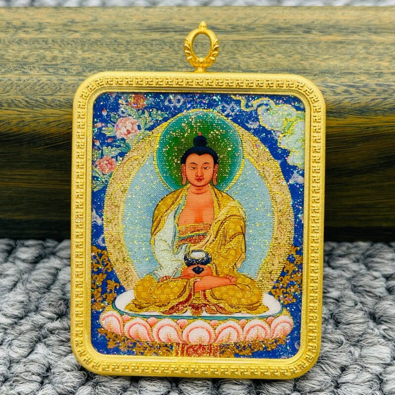 洒金手绘阿弥陀佛生肖狗猪本命佛唐卡平安符护身符项链吊坠饰品
