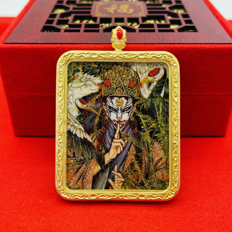 正品洒金纯手绘白鹤童子唐卡道牌护身符吊坠铜镀金噶乌盒