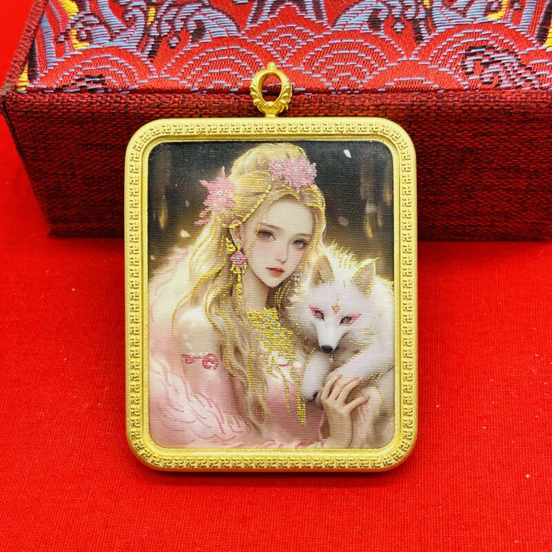 正品描金手绘美女狐狸唐卡佛牌护身符吊坠牌铜镀金噶乌盒车挂饰品