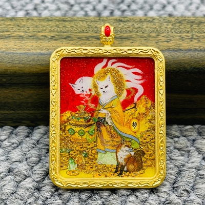 正品洒金手绘狐大仙唐卡道牌护身符吊坠铜镀金噶乌盒