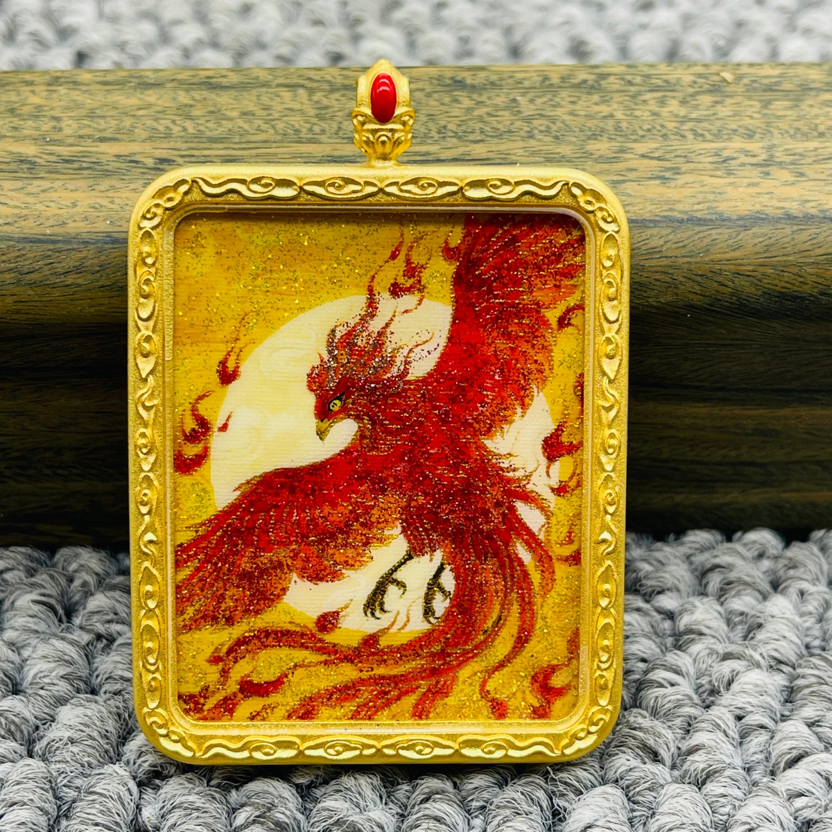 正品洒金手绘火凤凰唐卡道牌护身符吊坠铜镀金噶乌盒