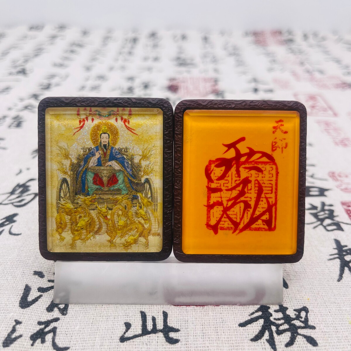 双面洒金手绘元始天尊+纯手绘讳字枣木唐卡道牌吊坠镶银南斗北斗
