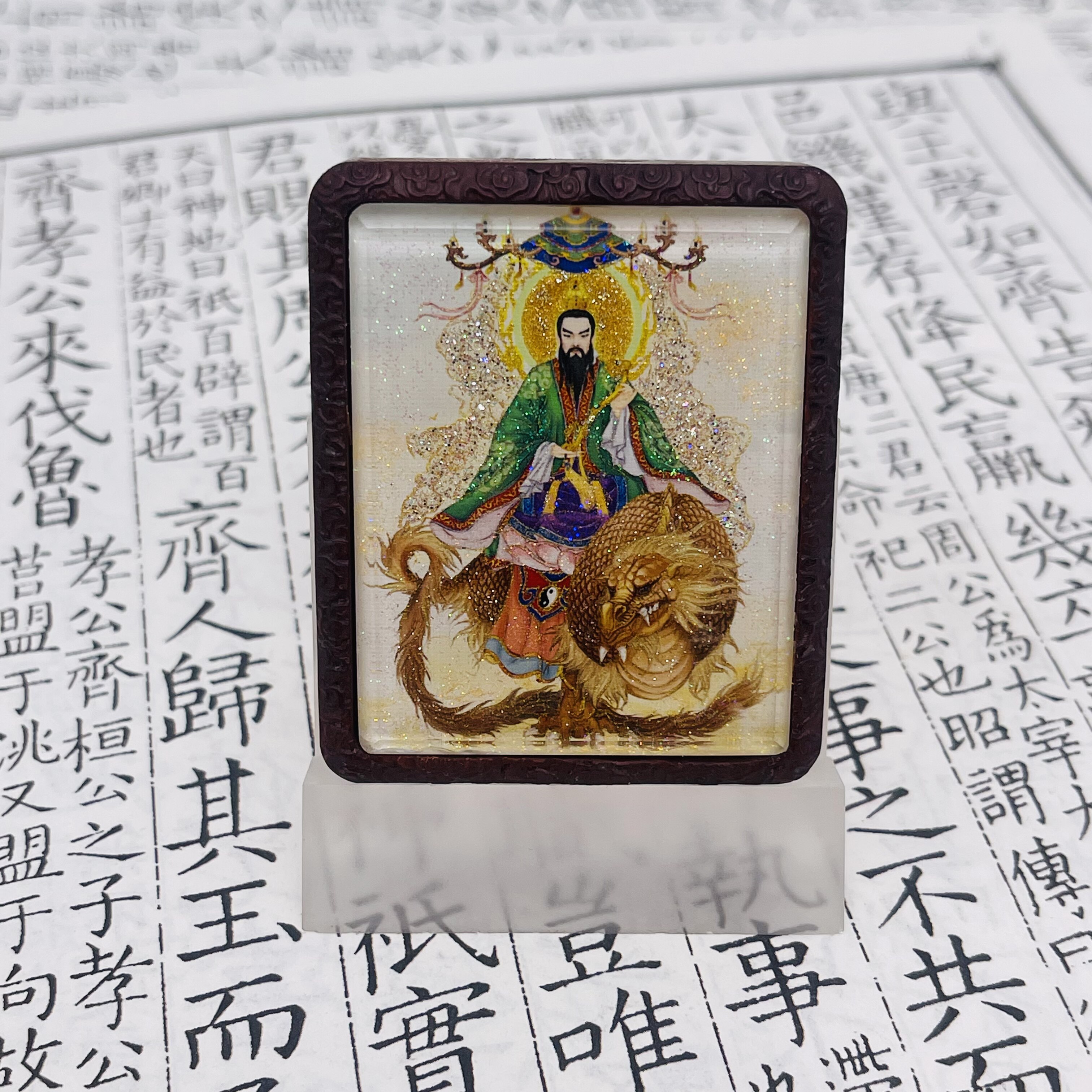 双面洒金手绘灵宝天尊+纯手绘讳字枣木唐卡道牌镶银北斗