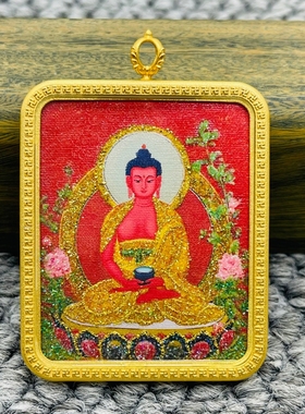 洒金手绘阿弥陀佛生肖狗猪本命佛唐卡佛牌护身符吊坠铜镀金噶乌盒