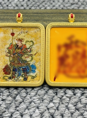 正品双面洒金纯手绘马元帅唐卡道牌护身符吊坠铜镀金噶乌盒